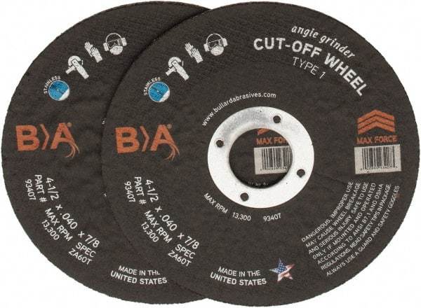 Value Collection - 4-1/2" Aluminum Oxide Cutoff Wheel - 0.04" Thick, 7/8" Arbor, 17,000 Max RPM - Benchmark Tooling