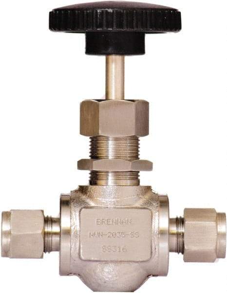 Brennan - 3/8" Pipe, Straight Needle Valve - PTFE Seal, Tube Ends, Stainless Steel Valve, 6,000 Max psi - Benchmark Tooling