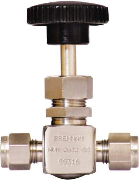 Brennan - 1/4" Pipe, Straight Needle Valve - PTFE Seal, Tube Ends, Stainless Steel Valve, 6,000 Max psi - Benchmark Tooling