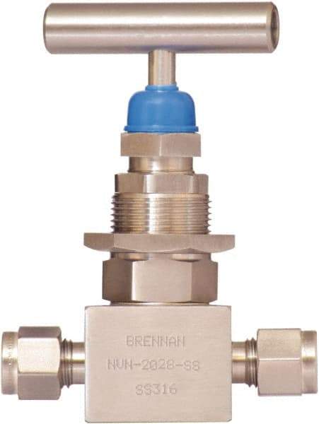Brennan - 1/2" Pipe, Straight Needle Valve - PTFE Seal, NPT Ends, Stainless Steel Valve, 6,000 Max psi - Benchmark Tooling