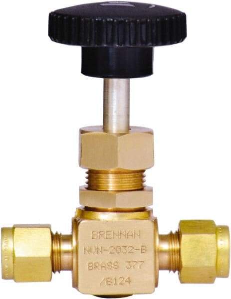Brennan - 1/4" Pipe, Straight Needle Valve - PTFE Seal, Tube Ends, Brass Valve, 3,000 Max psi - Benchmark Tooling