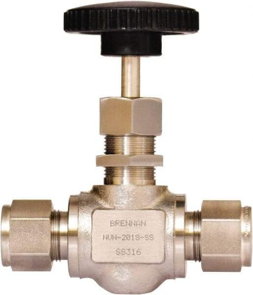 Brennan - 1/2" Pipe, Straight Needle Valve - PTFE Seal, Tube Ends, Stainless Steel Valve, 6,000 Max psi - Benchmark Tooling