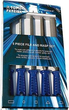 Anglo American - 5 Piece American Pattern File Set - 8" Long, Bastard Coarseness, Set Includes Square, Flat, Round, Half Round, Three Square - Benchmark Tooling
