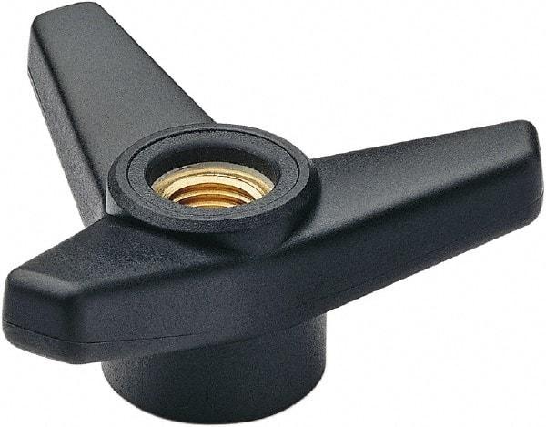 Elesa - 3-1/8" Head Diam, 1.375" High, Glass Fibre Reinforced Technopolymer 3 Arm Knob - 1/2-13 Stem, 1-1/4" Hub Diam, 1.18 Head Height, Thru Female Insert Style, 1-1/4 Hole Depth, Black - Benchmark Tooling