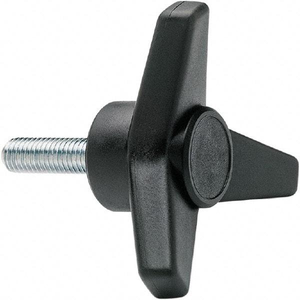 Elesa - 1-3/4" Head Diam, 1" High, 3/4" Long Thread, Glass Fibre Reinforced Technopolymer 3 Arm Knob - 3/8-16 Stem, 3/4" Hub Diam, 0.98 Head Height, Threaded Stem Style, Black - Benchmark Tooling