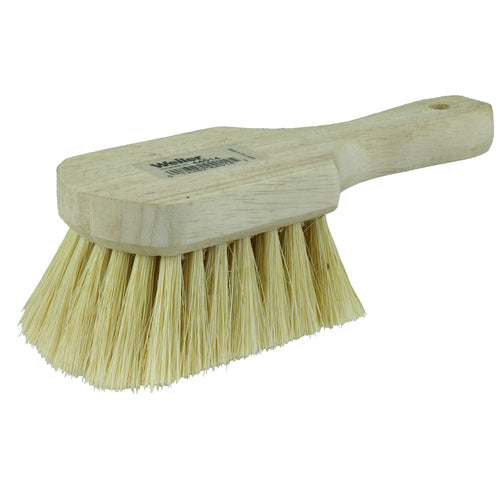 8″ Utility Scrub Brush, White Tampico Fill, Short Handle, Wood Block - Benchmark Tooling