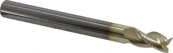 Accupro - 1/4", 3/8" LOC, 1/4" Shank Diam, 2-1/2" OAL, 3 Flute, Solid Carbide Square End Mill - Single End, ZrN Finish, Spiral Flute, 37° Helix, Centercutting, Right Hand Cut, Right Hand Flute - Benchmark Tooling