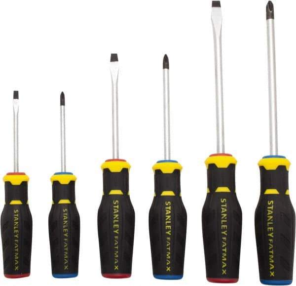 Stanley - 6 Piece Slotted & Phillips Screwdriver Set - Ergonomic & Bi-material Handle, Blade Sizes: Length 3 to 6, Width 3/16, 1/4 & 5/16, Bit Sizes: Philips #1 to #3 - Benchmark Tooling