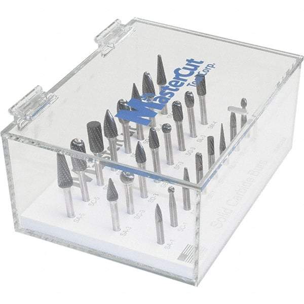 Made in USA - 39 Piece, 1/4" Shank Burr Set - Multiple Head Shapes, Solid Carbide, 14° Included Angle - Benchmark Tooling