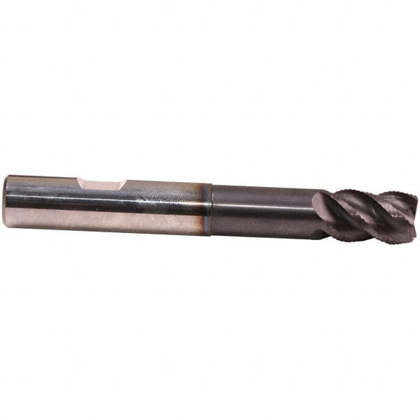 Emuge - 3/8" Diam, 9/16" LOC, 4 Flute Solid Carbide Roughing & Finishing End Mill - TiAlN Finish, 3-1/4" OAL, 3/8" Shank Diam, Weldon Shank, 45° Helix, Centercutting, Extra Long Length - Benchmark Tooling
