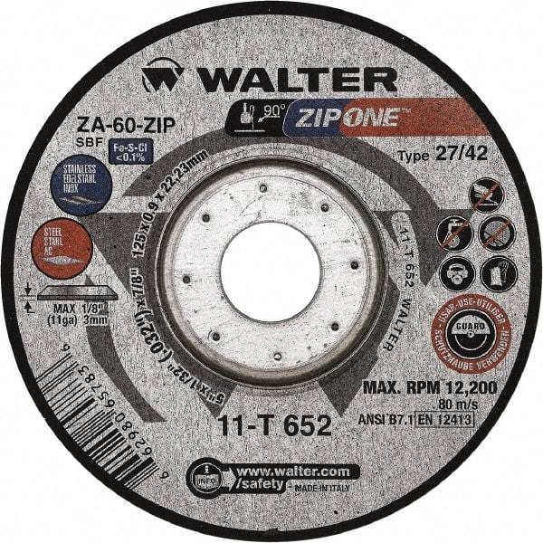 WALTER Surface Technologies - 60 Grit, 5" Wheel Diam, 1/32" Wheel Thickness, 7/8" Arbor Hole, Type 27 Depressed Center Wheel - Zirconia Alumina, Resinoid Bond, 12,200 Max RPM - Benchmark Tooling
