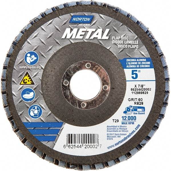 Norton - 60 Grit, 5" Disc Diam, 7/8" Center Hole, Type 29 Zirconia Alumina Flap Disc - 12,000 Max RPM, Fiberglass Backing, Arbor Attaching System, Coated - Benchmark Tooling