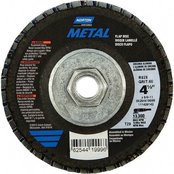 Norton - 80 Grit, 4-1/2" Disc Diam, 5/8-11 Center Hole, Type 29 Zirconia Alumina Flap Disc - 13,300 Max RPM, Fiberglass Backing, Arbor Attaching System, Coated - Benchmark Tooling