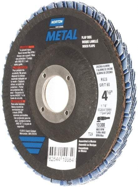 Norton - 60 Grit, 4-1/2" Disc Diam, 7/8" Center Hole, Type 29 Zirconia Alumina Flap Disc - 13,300 Max RPM, Fiberglass Backing, Arbor Attaching System, Coated - Benchmark Tooling