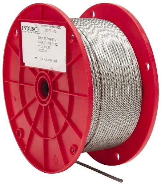 Value Collection - 1/8" Diam, Galvanized Steel Wire Rope - 2,000 Lb Breaking Strength, 7 x 19 Strand Core - Benchmark Tooling