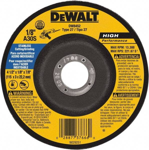 DeWALT - 30 Grit, 4-1/2" Wheel Diam, 1/8" Wheel Thickness, 7/8" Arbor Hole, Type 27 Depressed Center Wheel - Aluminum Oxide, 13,300 Max RPM, Compatible with Angle Grinder - Benchmark Tooling