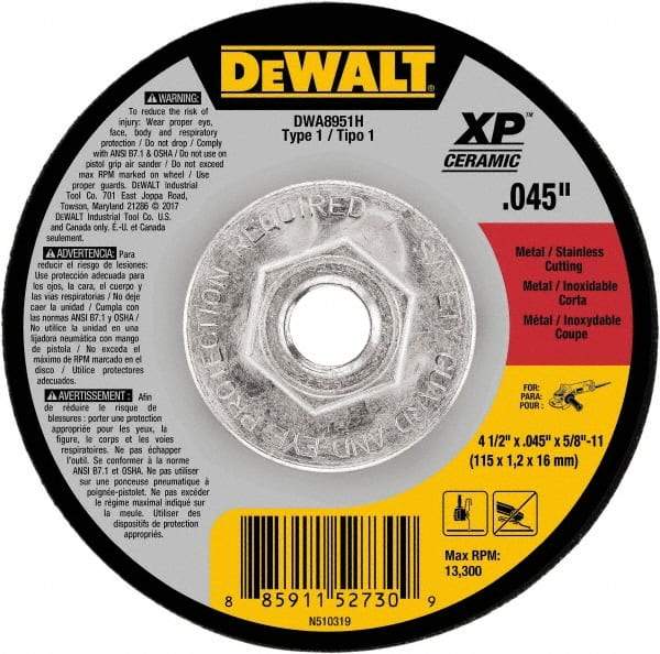DeWALT - 4-1/2" Ceramic Cutoff Wheel - 0.045" Thick, 5/8-11 Arbor, 13,300 Max RPM, Use with Angle Grinders - Benchmark Tooling
