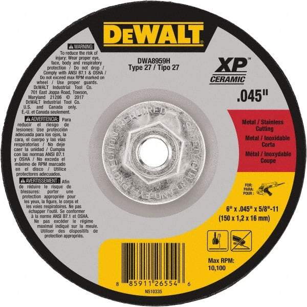 DeWALT - 24 Grit, 6" Wheel Diam, Type 27 Depressed Center Wheel - Coarse/Medium Grade, Ceramic, N Hardness, 10,100 Max RPM - Benchmark Tooling