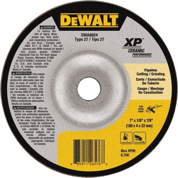 DeWALT - 24 Grit, 7" Wheel Diam, 7/8" Arbor Hole, Type 27 Depressed Center Wheel - Coarse/Medium Grade, Ceramic, N Hardness, 8,700 Max RPM - Benchmark Tooling
