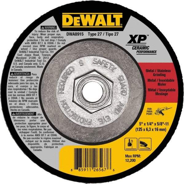DeWALT - 24 Grit, 5" Wheel Diam, Type 27 Depressed Center Wheel - Coarse/Medium Grade, Ceramic, N Hardness, 12,200 Max RPM - Benchmark Tooling