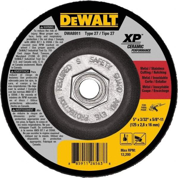 DeWALT - 24 Grit, 5" Wheel Diam, Type 27 Depressed Center Wheel - Coarse/Medium Grade, Ceramic, N Hardness, 12,200 Max RPM - Benchmark Tooling