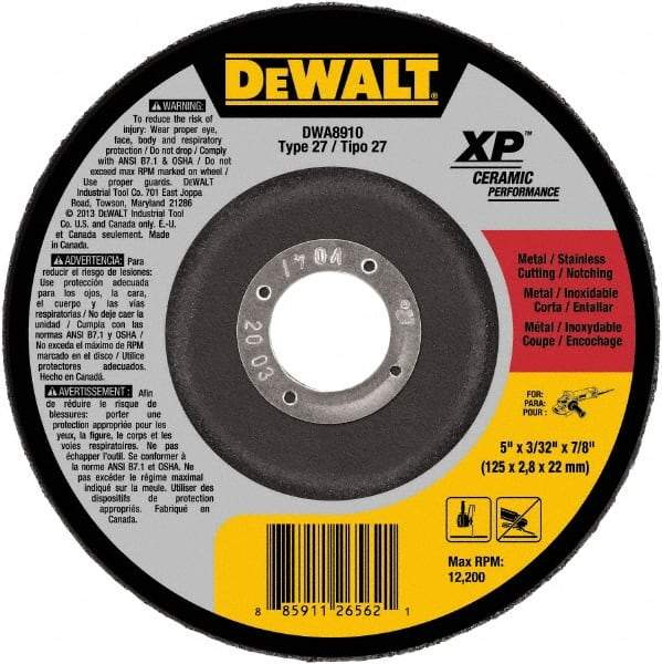 DeWALT - 24 Grit, 5" Wheel Diam, 7/8" Arbor Hole, Type 27 Depressed Center Wheel - Coarse/Medium Grade, Ceramic, N Hardness, 12,200 Max RPM - Benchmark Tooling