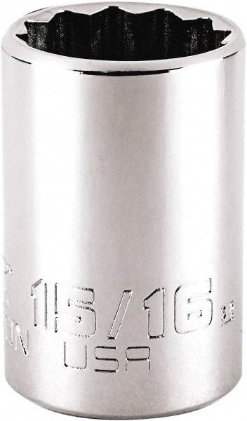 Proto - 15/16", 1/2" Drive, Standard Hand Socket - 12 Points, 1-7/8" OAL, Steel, Chrome Finish - Benchmark Tooling