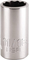 Proto - 11/16", 1/2" Drive, Standard Hand Socket - 12 Points, 1-47/64" OAL, Steel, Chrome Finish - Benchmark Tooling