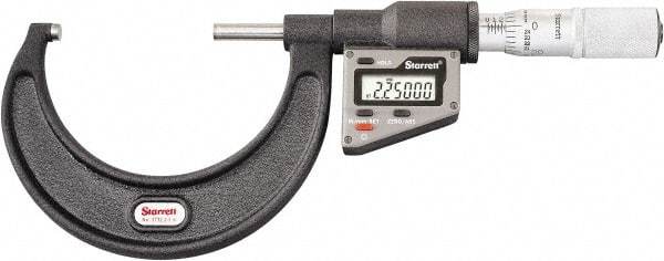 Starrett - 50.8 to 76 mm Range, 0.0001" Resolution, Standard Throat, Electronic Outside Micrometer - 0.0001" Accuracy, Friction Thimble, Micro Lapped Carbide Face, CR2450 Battery, Includes 3V Battery - Benchmark Tooling