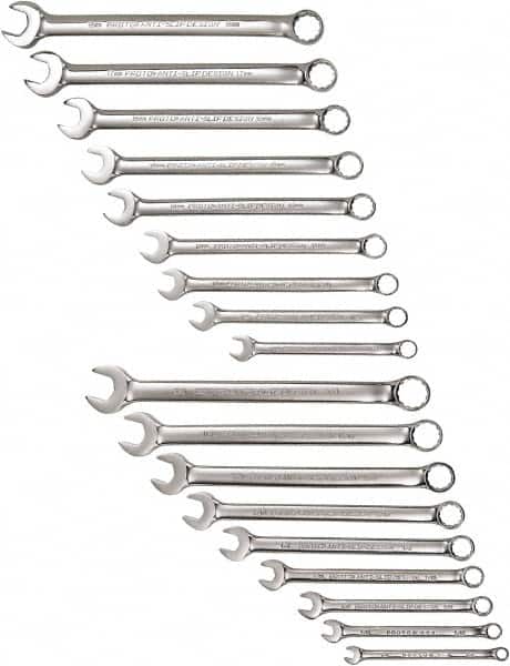 Proto - 18 Piece, 1/4" to 3/4" (mm), 12 Point Combination Wrench Set - Inch/Metric Measurement Standard, Satin Finish - Benchmark Tooling
