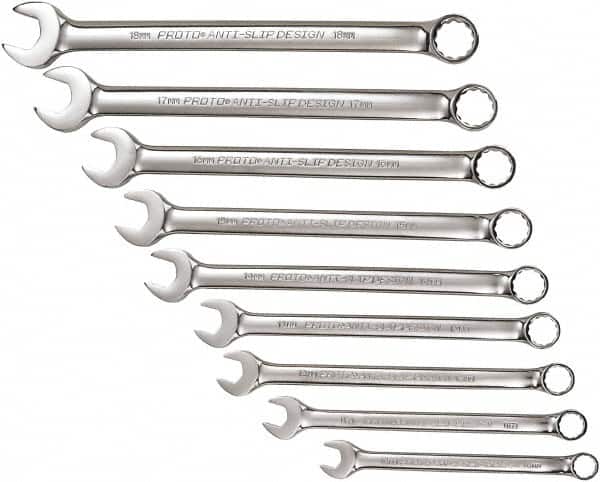 Proto - 9 Piece, 10mm to 18mm, 12 Point Combination Wrench Set - Metric Measurement Standard, Full Polish Chrome Finish, Comes in Tool Roll - Benchmark Tooling