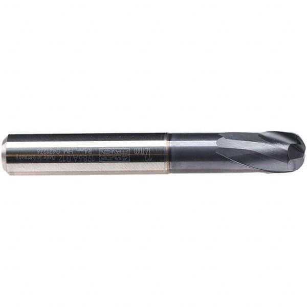 Emuge - 12mm Diam, 10mm LOC, 2 Flute Solid Carbide Roughing & Finishing End Mill - TiAlN Finish, 92mm OAL, 16mm Shank Diam, Cylindrical Shank, 30° Helix, Stub Length - Benchmark Tooling