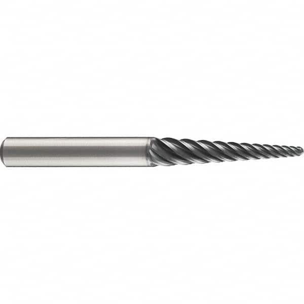 Emuge - 4° Taper Angle per Side, 2mm Small End Diam, 87mm LOC, Solid Carbide 6 Flute Tapered Ball End Mill - AlCr Finish, 150mm OAL, 16mm Shank Diam, Spiral Flute, 38° Helix - Benchmark Tooling