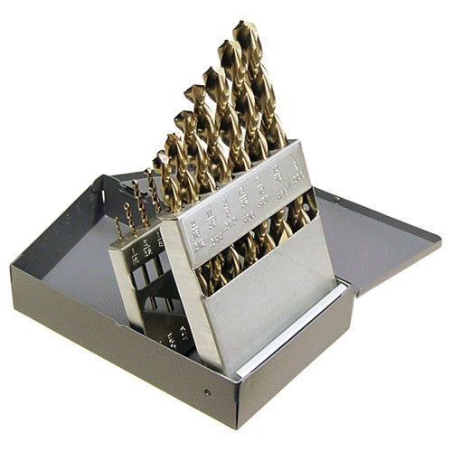 1/16-1/2 RHS / RHC HSS-CO 8% (M42) 135 Degree Split Point Q-Cobalt™ Wide Land Parabolic Jobber Length Drill Set - Straw / Gold Oxide - Exact Industrial Supply