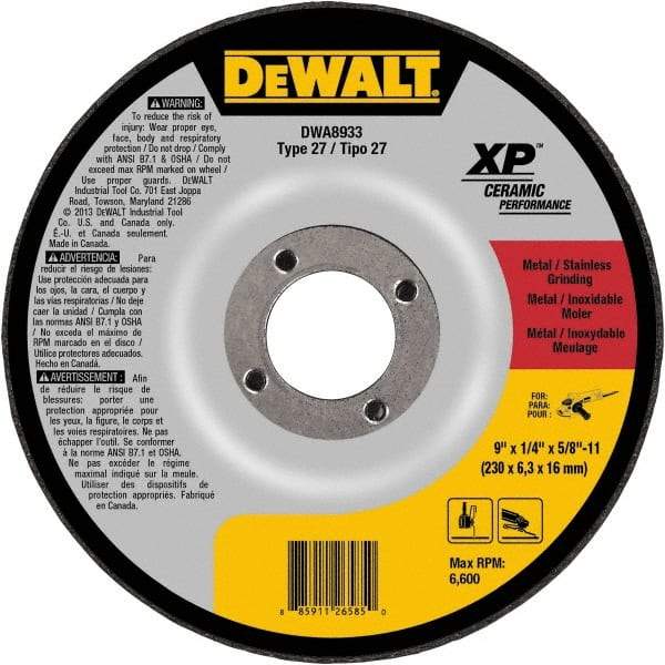 DeWALT - 24 Grit, 9" Wheel Diam, Type 27 Depressed Center Wheel - Coarse/Medium Grade, Ceramic, N Hardness, 6,600 Max RPM - Benchmark Tooling