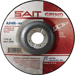 Sait - 24 Grit, 4-1/2" Wheel Diam, 1/4" Wheel Thickness, 7/8" Arbor Hole, Type 28 Depressed Center Wheel - Aluminum Oxide, Resinoid Bond, N Hardness, 13,300 Max RPM, Compatible with Angle Grinder - Benchmark Tooling