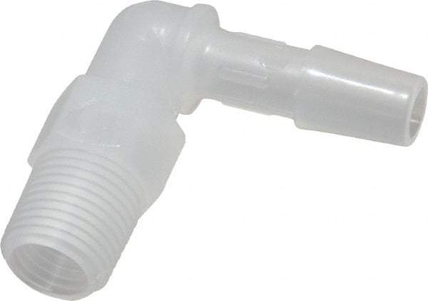 Made in USA - 1/4" Barb, 1/4, Polypropylene Single Barbed Tube Elbow - Natural, Male - Benchmark Tooling