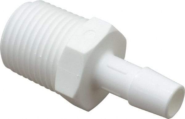 Made in USA - 3/8" Barb x 1/2"NPT, Polypropylene Single Barbed Tube Adapter - White, Male - Benchmark Tooling