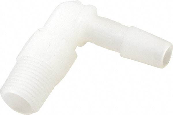 Made in USA - 1/4" Barb, 1/4, Kynar Single Barbed Tube Elbow - Natural, Male - Benchmark Tooling