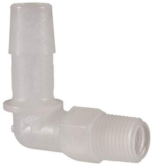 Made in USA - 3/8" Barb, 3/8, Kynar Single Barbed Tube Elbow - Natural, Male - Benchmark Tooling