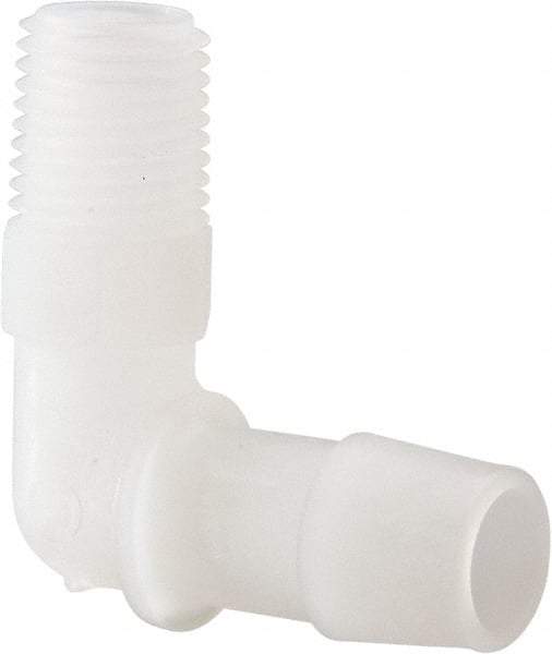 Made in USA - 1/2" Barb, 1/2, Kynar Single Barbed Tube Elbow - Natural, Male - Benchmark Tooling