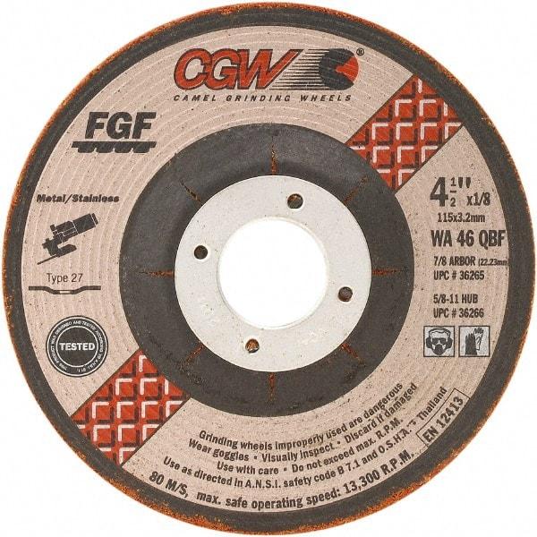 Camel Grinding Wheels - 46 Grit, 4-1/2" Wheel Diam, 1/8" Wheel Thickness, Type 27 Depressed Center Wheel - Medium Grade, Aluminum Oxide, Resinoid Bond, 13,300 Max RPM - Benchmark Tooling
