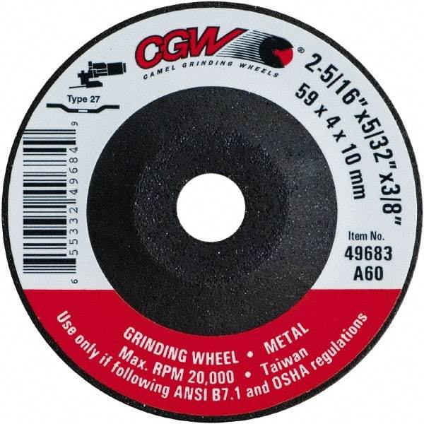 Camel Grinding Wheels - 60 Grit, 2-5/16" Wheel Diam, 5/32" Wheel Thickness, 3/8" Arbor Hole, Type 27 Depressed Center Wheel - Medium Grade, Aluminum Oxide, Resinoid Bond, 20,000 Max RPM - Benchmark Tooling