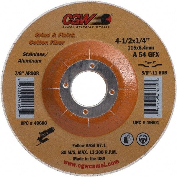 Camel Grinding Wheels - 54 Grit, 4-1/2" Wheel Diam, 1/4" Wheel Thickness, 7/8" Arbor Hole, Type 27 Depressed Center Wheel - Medium Grade, Aluminum Oxide, 13,300 Max RPM - Benchmark Tooling