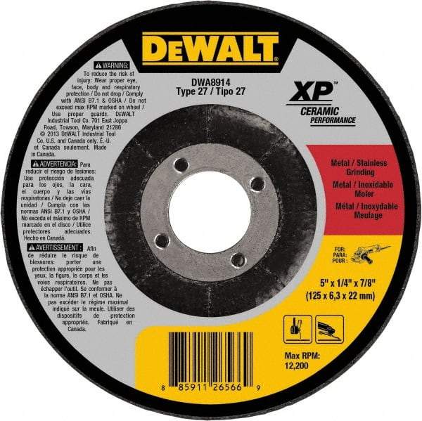 DeWALT - 5" Wheel Diam, 1/4" Wheel Thickness, 7/8" Arbor Hole, Type 27 Depressed Center Wheel - Medium Grade, Ceramic, 12,200 Max RPM - Benchmark Tooling