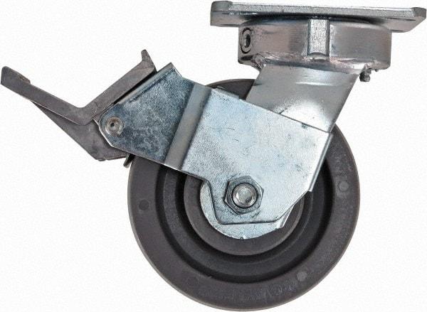 Caster Connection - 5" Diam x 2" Wide x 6-1/2" OAH Top Plate Mount Swivel Caster with Brake - Nylon, 1,250 Lb Capacity, Sealed Precision Ball Bearing, 4 x 4-1/2" Plate - Benchmark Tooling