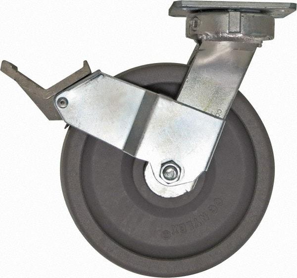 Caster Connection - 8" Diam x 2" Wide x 10-1/8" OAH Top Plate Mount Swivel Caster with Brake - Nylon, 2,000 Lb Capacity, Sealed Precision Ball Bearing, 4 x 4-1/2" Plate - Benchmark Tooling