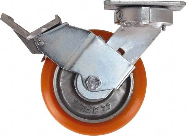 Caster Connection - 6" Diam x 2" Wide x 7-1/2" OAH Top Plate Mount Swivel Caster with Brake - Polyurethane, 1,000 Lb Capacity, Sealed Precision Ball Bearing, 4 x 4-1/2" Plate - Benchmark Tooling