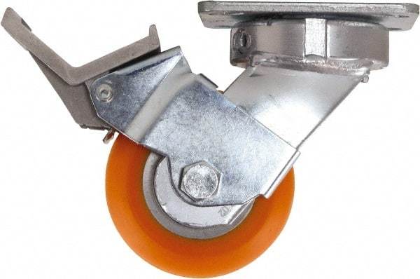 Caster Connection - 4" Diam x 2" Wide x 5-5/8" OAH Top Plate Mount Swivel Caster with Brake - Polyurethane, 700 Lb Capacity, Sealed Precision Ball Bearing, 4 x 4-1/2" Plate - Benchmark Tooling