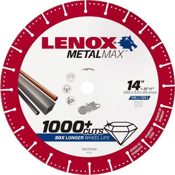 Lenox - 14" 25/30 Grit Diamond Cutoff Wheel - 0.15" Thick, 1" Arbor, 5,300 Max RPM, Use with Gas Powered Saws - Benchmark Tooling